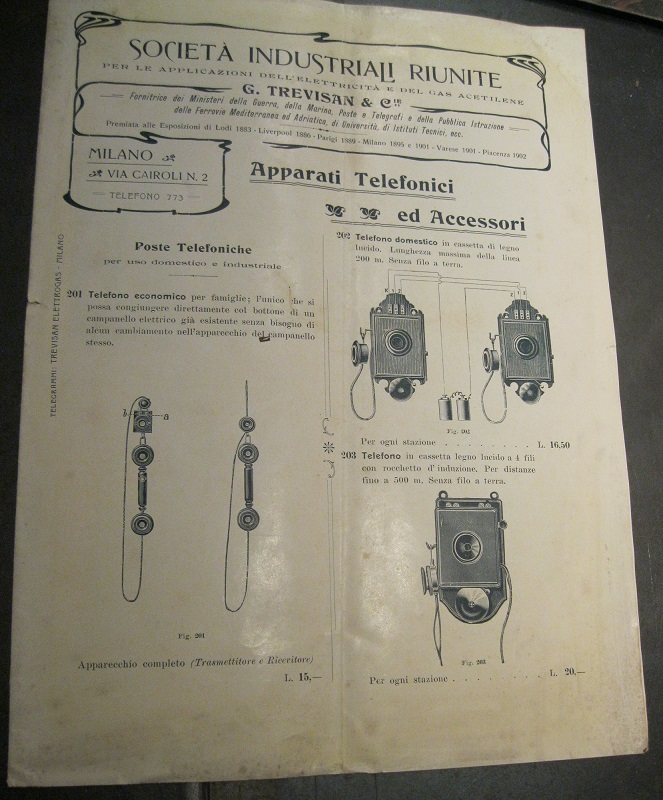 Società industriali riunite per le applicazioni dell'elettricità e del gas acetilene. G. Trevisan & Cie. Apparati telefonici ed accessori
